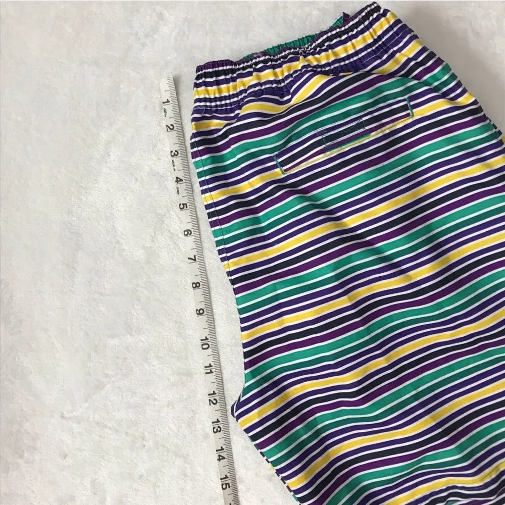 Perry Ellis Striped Men's Medium Swim Trunks Board Shorts Green Blue Yellow